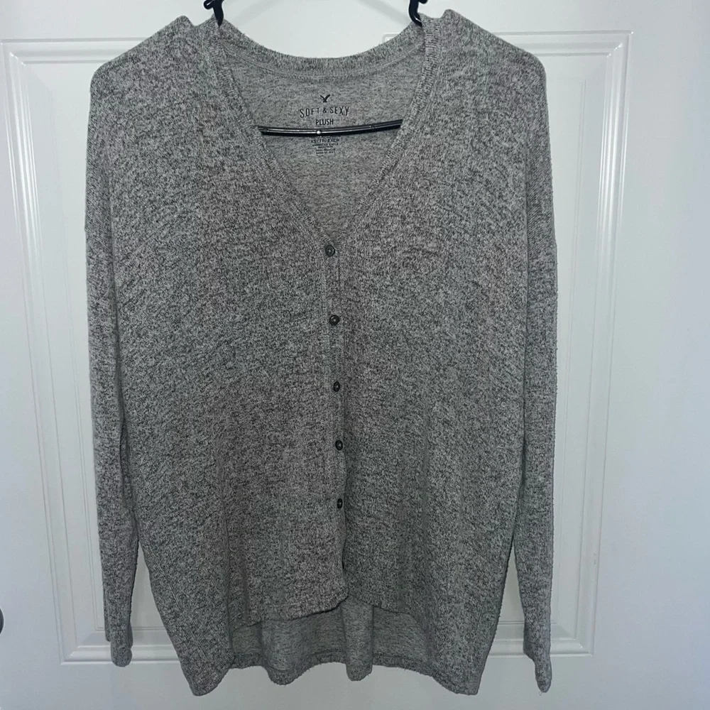 American Eagle Soft Sexy Plush Gray Marled Knit V Neck Button Cardigan Womens XS